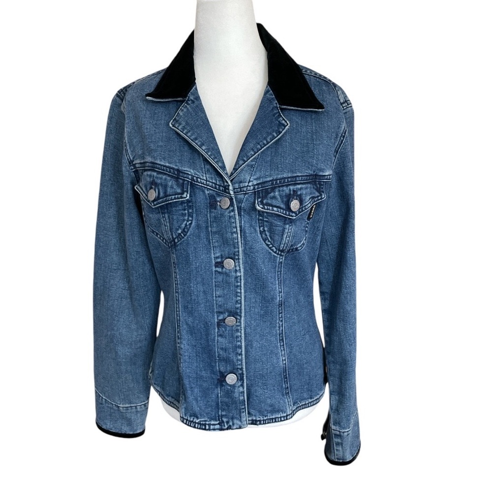 Guess American Tradition Denim Blazer Jacket Velvet Collar and Cuff Trim Women L